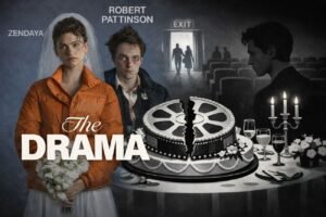 A stylised cinema auditorium contains a wedding reception table with a cracked cake shaped like a film reel.