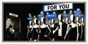 A social media feed is depicted as a crowded hall filled with polished human-like mannequins and synthetic influencer figures. A few real artists holding a camera, sketchbook and guitar stand to one side near a much smaller doorway marked "Human".