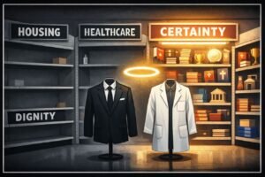 A symbolic editorial scene showing bright shelves of belief products beside nearly empty shelves labelled with social needs. A halo hangs between a business suit and a lab coat.