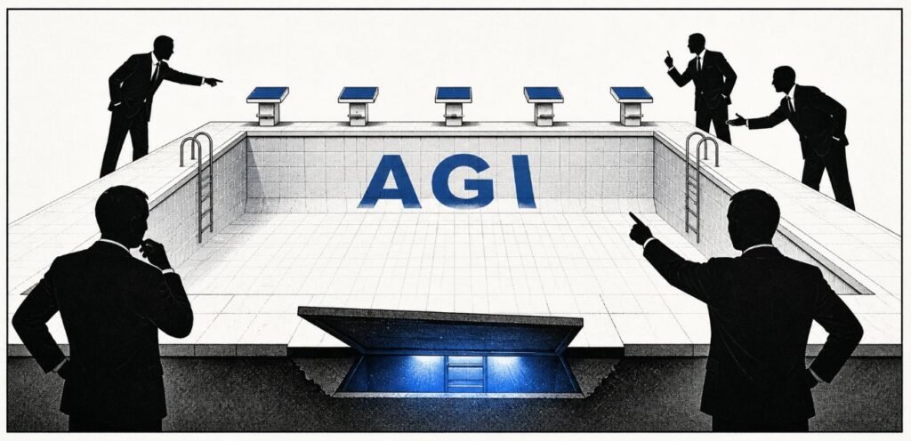 Silhouetted figures stand beside an empty swimming pool with signs for major AI labs. A small glowing trapdoor is visible beneath the pool floor.