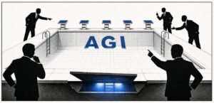 Silhouetted figures stand beside an empty swimming pool with signs for major AI labs. A small glowing trapdoor is visible beneath the pool floor.