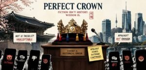 A crown is placed on a witness stand in front of rows of phone screens. A palace roof and modern city buildings are visible in the background.