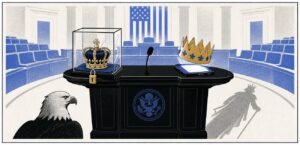 A congressional lectern stands between a glass-covered crown and a phone displaying a paper crown. A bald eagle faces the scene while a large historic shadow falls behind it.