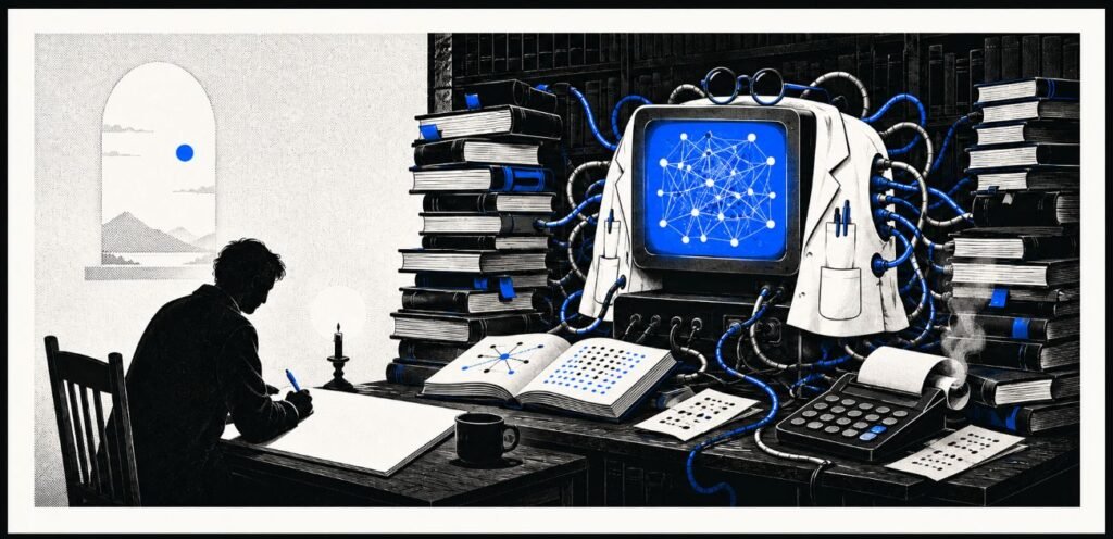 A symbolic editorial image of an AI terminal in a library with books, wires and a lab coat, while a person writes by candlelight nearby.