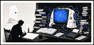 A symbolic editorial image of an AI terminal in a library with books, wires and a lab coat, while a person writes by candlelight nearby.