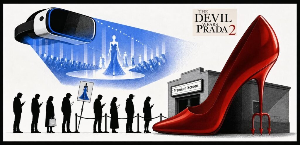 A large stiletto shoe stands in front of a small cinema entrance while people queue outside holding phones and bags. A headset projection above them shows a luxury runway scene.