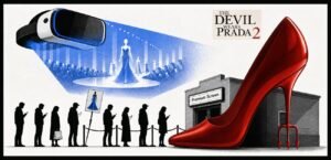 A large stiletto shoe stands in front of a small cinema entrance while people queue outside holding phones and bags. A headset projection above them shows a luxury runway scene.