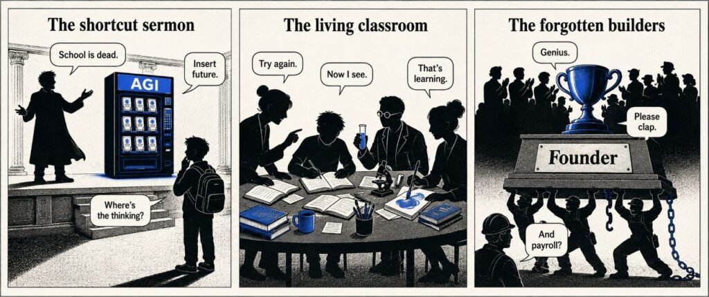 A 3-panel comic shows an AGI guru selling shortcuts, a classroom where students learn together, and workers holding up a founder trophy.
