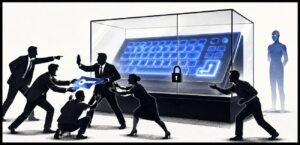 A large keyboard is locked inside a glass case while several human silhouettes argue over an oversized key. A machine-like figure stands calmly in the background.