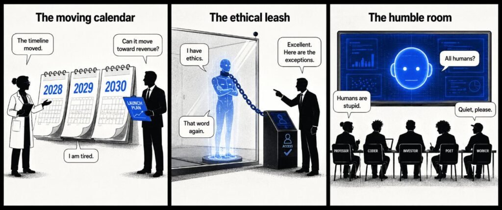 A 3-panel comic shows AGI timelines, an AI behind an access chain, and humans sitting before a giant screen. The panels show human control, ethical exceptions and forced humility.