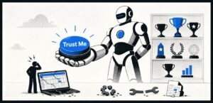 A large robot stands beside a small user holding a damaged spreadsheet. Behind the robot are trophies, and in front of it is a large button labelled "Trust Me".