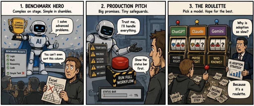 A 3-panel comic shows a robot winning a reasoning trophy, asking a user to trust a workflow button, and becoming part of a roulette machine with other AI tools.