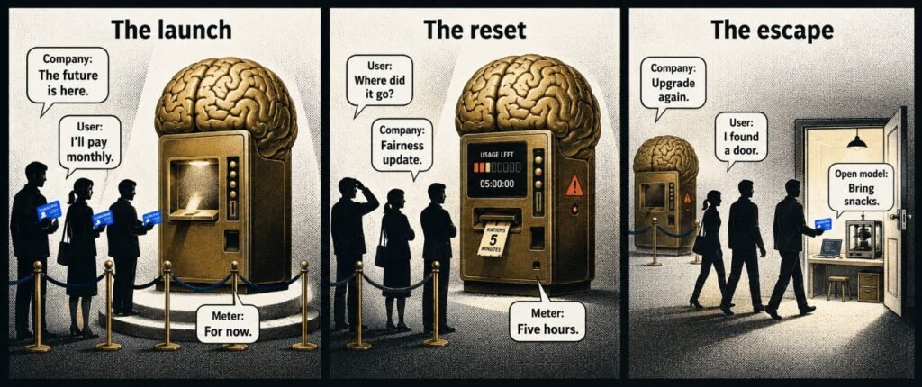A three-panel comic shows an AI vending machine launching with full power, shrinking behind usage limits, and users walking towards an open-weight workshop.
