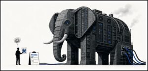 A large elephant-shaped data centre stands beside a small checklist and a user holding a rejected image. Cables run from the elephant into server blocks.