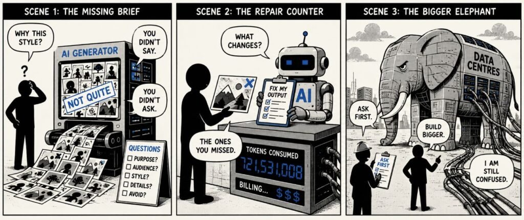 A 3-panel comic shows an AI machine skipping the brief, asking the user to fix its output, and executives feeding a data-centre elephant.