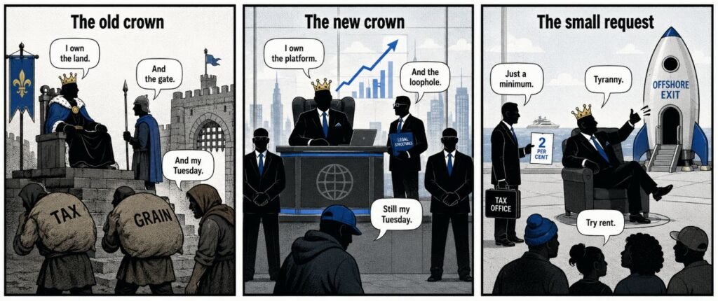 A three-panel comic shows a king collecting tribute, a billionaire behind guards, and a tax officer presenting a small bill.