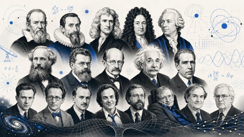 A wide illustrated collage of major physicists and mathematicians, with equations, wave patterns, orbital lines, a spacetime grid and a galaxy motif in the background.