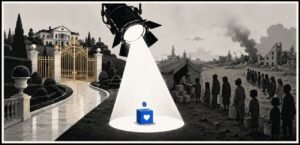 A split scene showing a wealthy gated area beside a poor aid queue with children, tents and water containers. A large stage light points at a donation box.