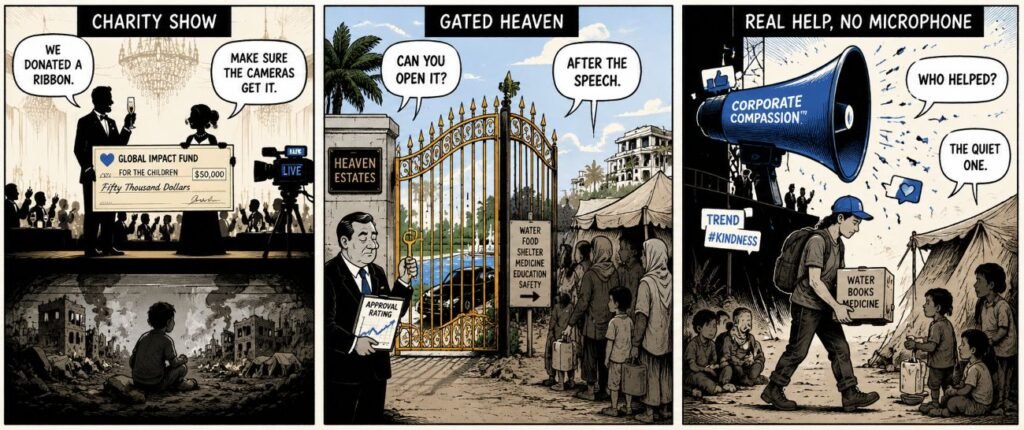 A 3-panel comic showing a charity gala above war zones, a locked gate between wealth and tents, and a volunteer carrying aid past a large megaphone.
