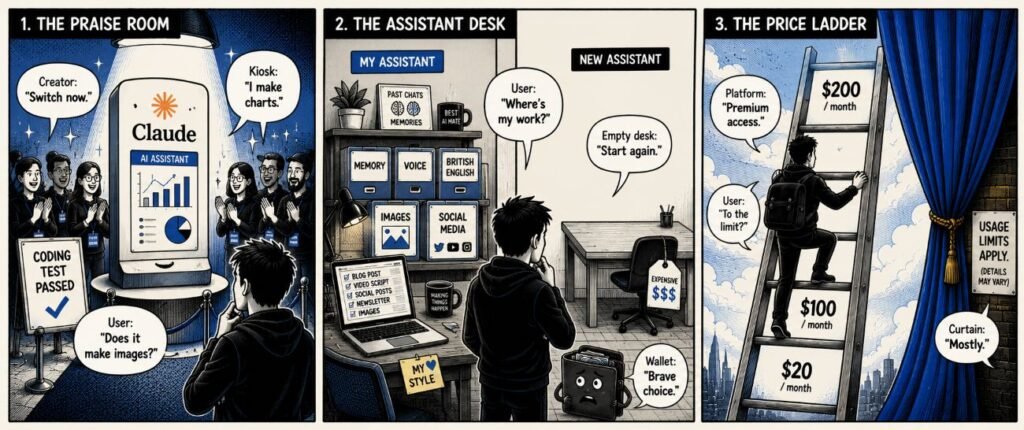 A 3-panel comic shows a praised Claude kiosk, an empty assistant desk and a price ladder marked with subscription tiers. A user compares features and cost.