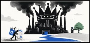 A large crowned factory emits smoke while a small person carries a recycling bin and a bill. A server-like machine stands near a tree in the background.