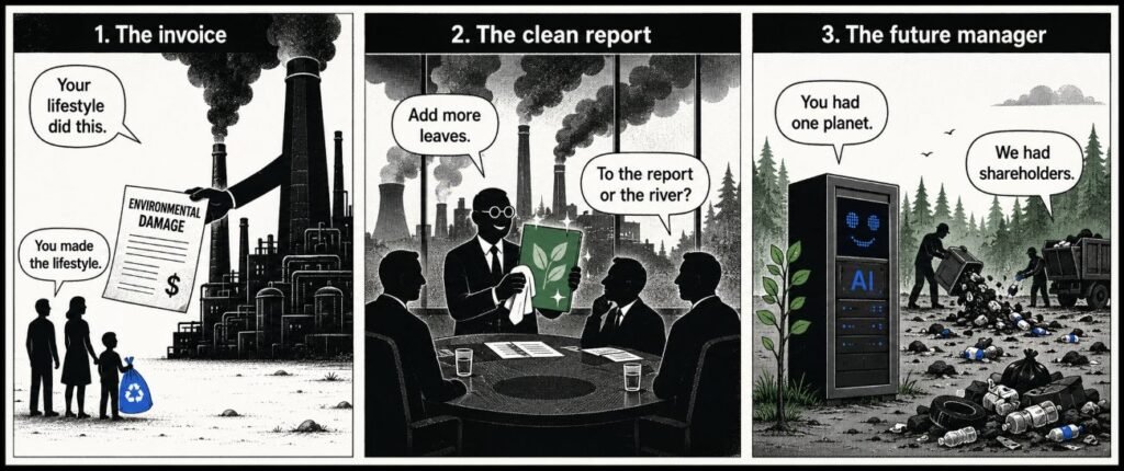 A three-panel comic shows a factory blaming a family, executives polishing a green report, and an AI server watching humans dump rubbish near a forest.