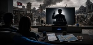 A living room with a sofa facing a large screen showing a dictator silhouette. Behind the screen, shadowed figures stand behind bars, with an oil receipt and map on a table.