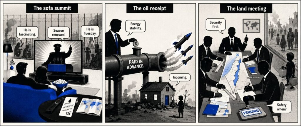 A 3-panel comic showing a viewer watching a dictator on television, an oil pipeline turning money into missiles, and leaders discussing a map while children wait outside.