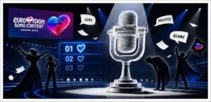 A stage with a large microphone trophy, a glowing scoreboard and small birds carrying labels for voice, language, message and blame.