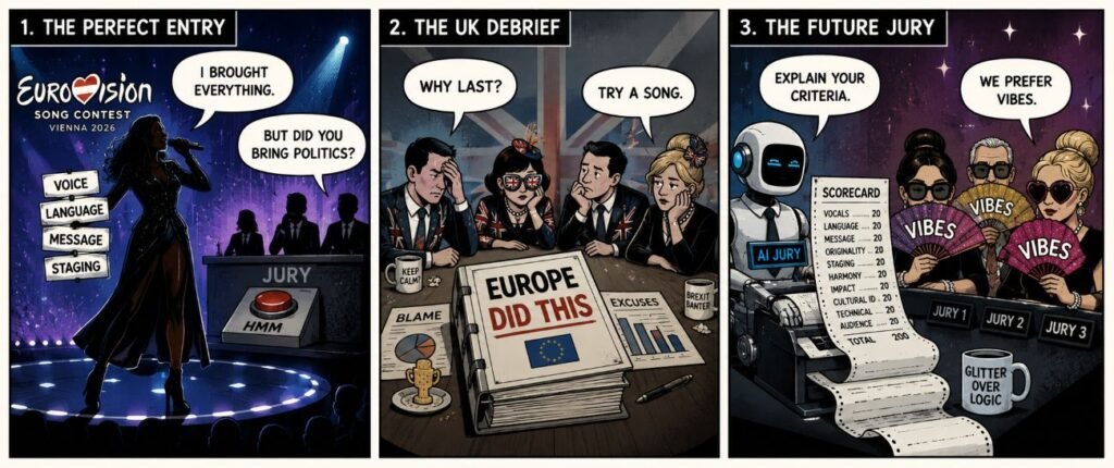 A 3-panel comic showing a singer with song labels, a UK delegation blaming Europe, and a robot jury printing a scorecard.