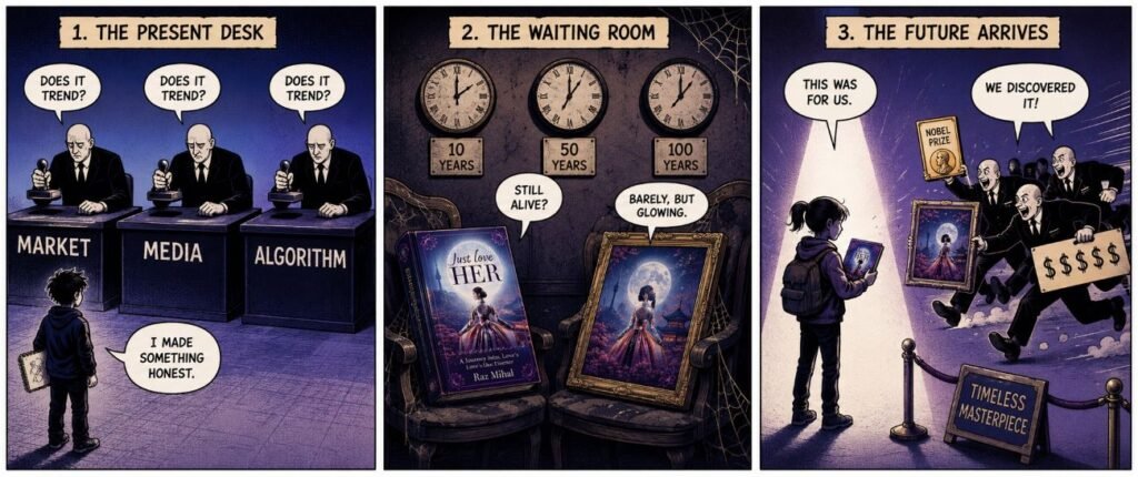 A three-panel comic shows an artist rejected by market clerks, their work waiting for decades, and a future reader discovering it.