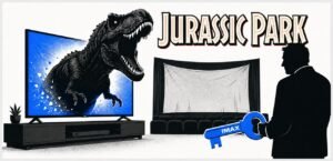 A dinosaur silhouette emerges from a bright home television beside a smaller cinema screen. A cinema owner silhouette holds a large key near the screen.