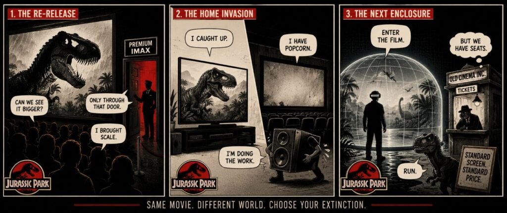 Three-panel comic showing a dinosaur shadow in a cinema, a home TV beside a weak cinema screen, and a viewer inside a 360 AI dome.