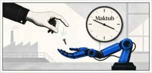 A human hand drops a small screw beside a robotic arm catching it above a factory floor. A large clock in the background shows the word "Maktub".