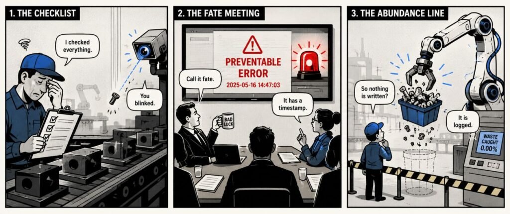 A 3-panel comic shows a tired worker missing a falling screw, a boardroom calling a preventable error fate, and a robot catching waste on a production line.