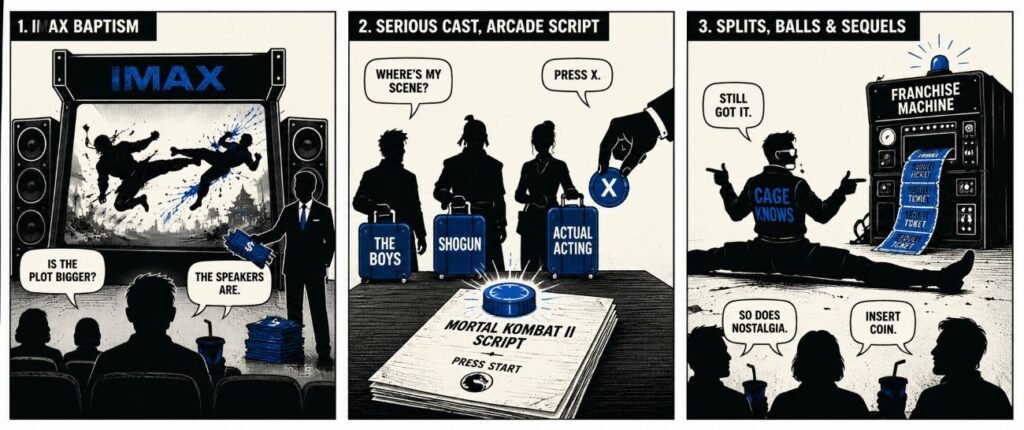 A 3-panel comic shows a viewer facing a giant arcade screen, actors receiving an arcade-token script, and a fighter doing a split beside a sequel machine.