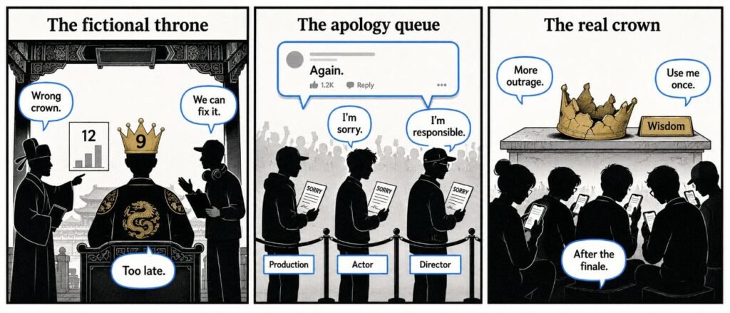 A 3-panel comic shows a crown error, an apology queue and a ignored sign labelled wisdom beside phone screens.