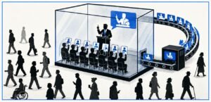 A speaker addresses a group of identical audience silhouettes inside a glass box. Outside the box, a larger group of people walks past without seeing the speech.