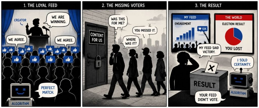 A 3-panel comic shows a political creator speaking to matching supporters, missing undecided voters, and reacting to a ballot result that differs from the feed.