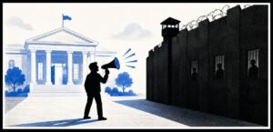 A protester with a megaphone stands in front of a government building while silent figures appear behind a dark wall in the background.