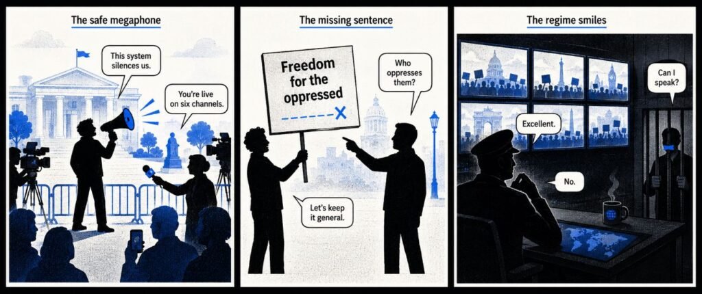 A three-panel comic shows a protest in a democratic square, a blank protest sign, and a ruler watching screens while a citizen is silenced.