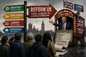 A political crossroads shows voters facing ordinary party signs and a Reform UK carnival booth selling blame and simple answers.