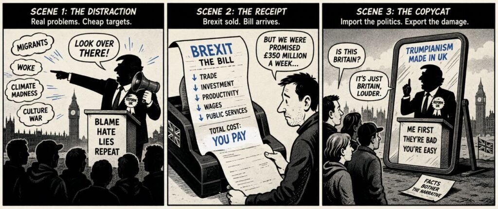 A three-panel political comic shows distraction politics, a Brexit bill, and Trump-style politics reflected back at British voters.