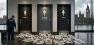 A corridor shows 3 toilet doors labelled female, male and gender-neutral, with Parliament in the background. A cleaner figure marked "law" mops spilled papers near the doors.