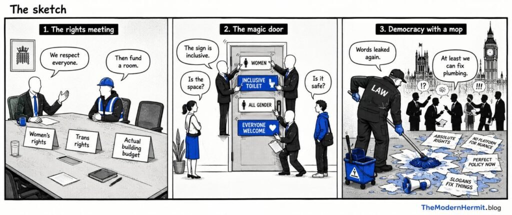 A 3-panel comic shows officials discussing rights, people waiting outside a changing toilet sign, and a cleaner marked "law" mopping spilled slogans.