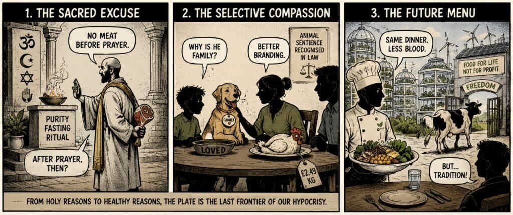 A three-panel comic shows a worshipper hiding meat, a family treating a dog and chicken differently, and a future kitchen offering plant-based food.