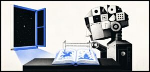 A mechanical brain measures an open book on a table. A window behind the table shows stars in the distance.