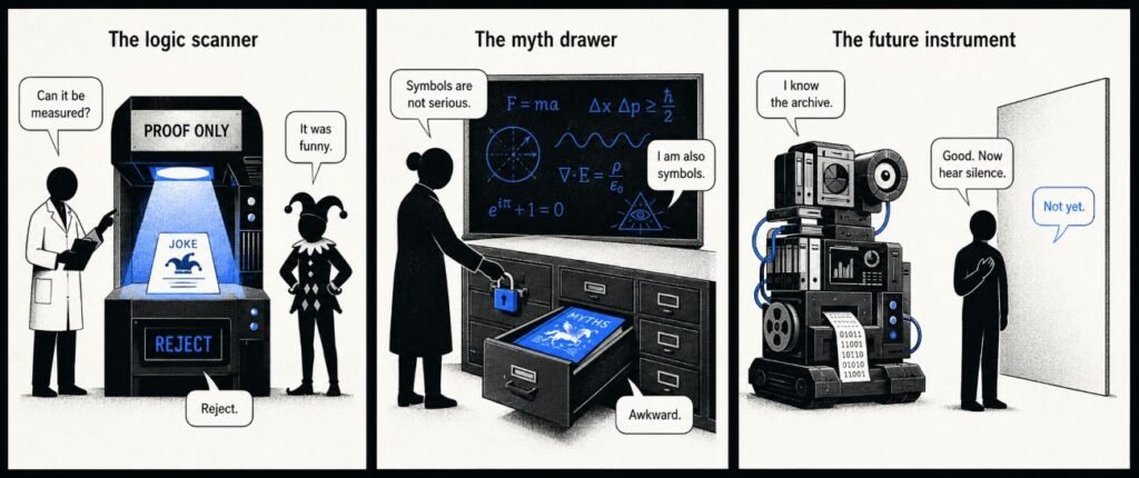 A three-panel comic shows a proof scanner rejecting a joke, a myth book locked beside equations, and a machine facing a blank wall.