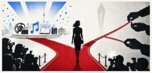 A symbolic red carpet scene shows a woman-shaped silhouette walking between cameras, books, music notes and a measuring tape held by shadowy figures.
