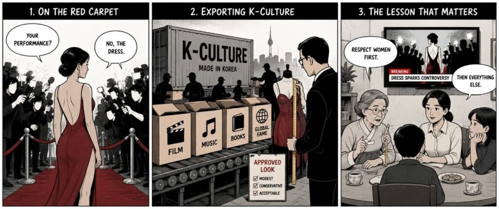 A three-panel comic shows a red-carpet interview, a cultural export office measuring a dress, and a family table teaching respect for women.